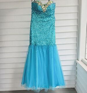 RJ Crush Sequin Tulle Long Aqua Blue Mermaid Prom Dress Sparkle Shine Elegant 4